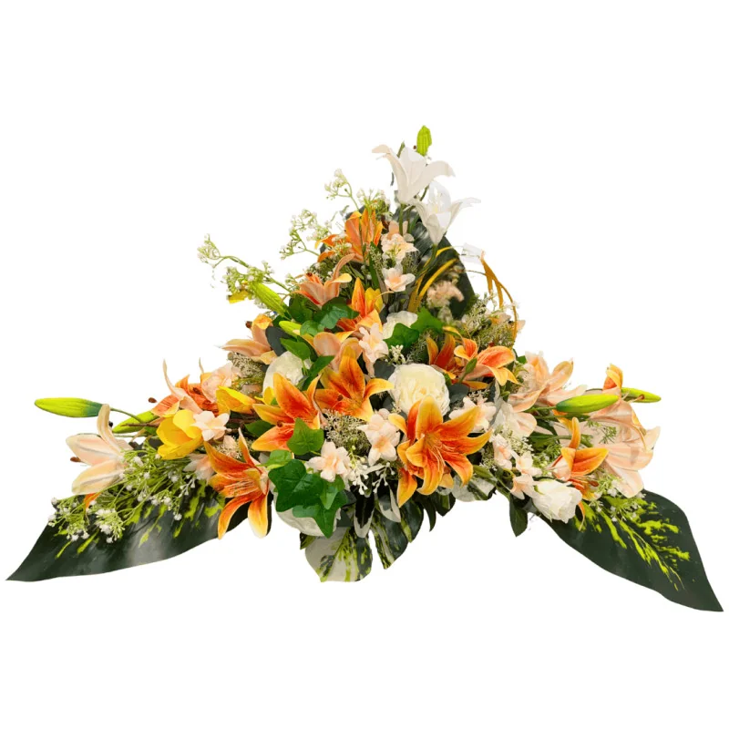 Composition florale artificielle – Lys orange & blanc