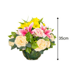 Composition florale artificielle rose & jaune 35cm