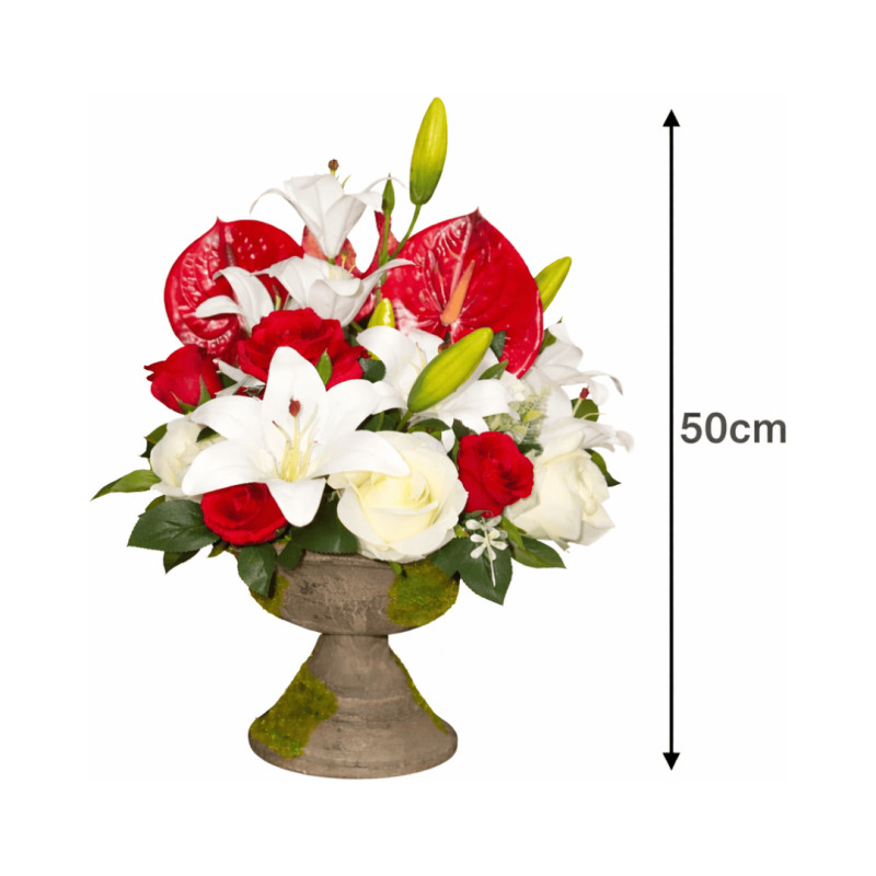 Composition florale artificielle rouge & blanc 50cm
