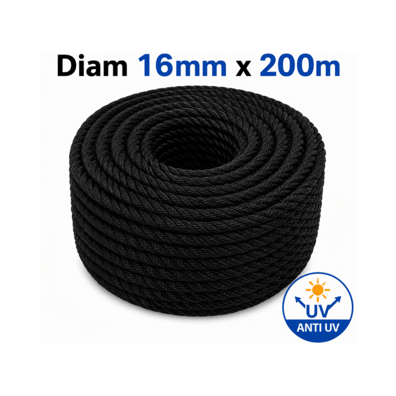 Corde PE Noire Anti-UV – Ø 16 mm × 200 m