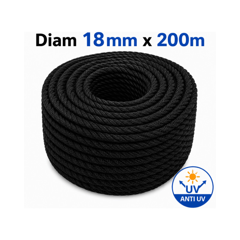 Corde PE Noire Anti-UV – Ø 18 mm × 200 m