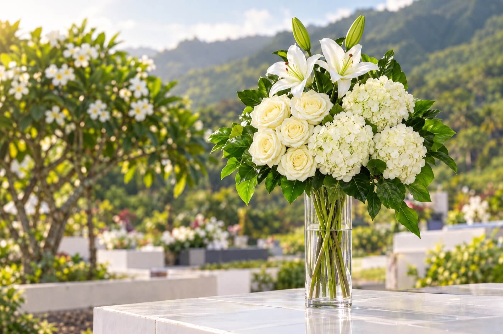 Bouquet blanc de roses, lys et hortensias dans un vase en verre