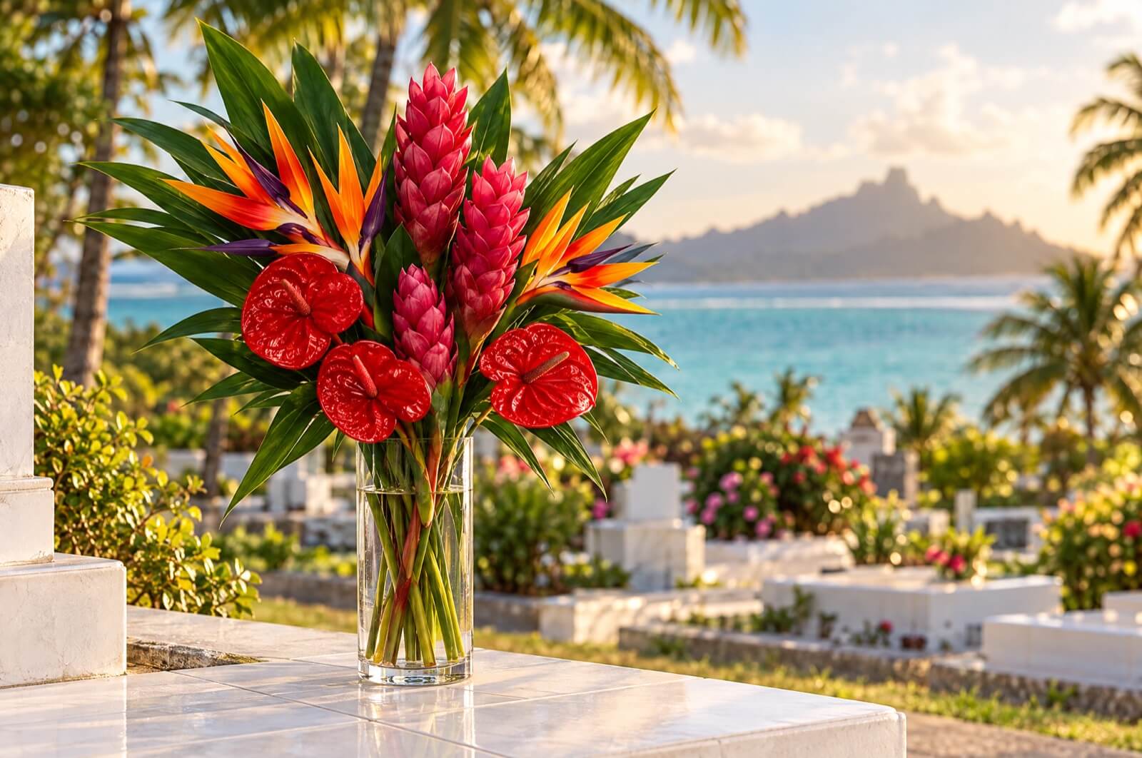 Bouquet tropical d'anthuriums, oiseaux de paradis et opuhi dans un vase en verre